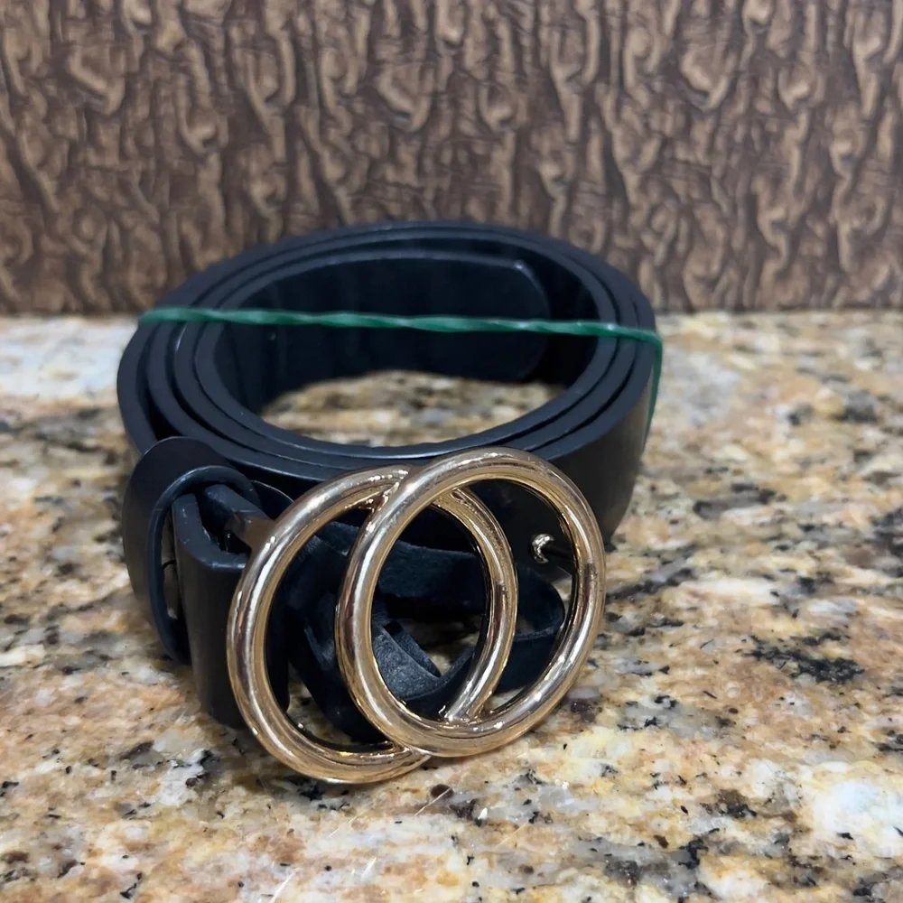 Chic Black Belt with Dual Gold Rings